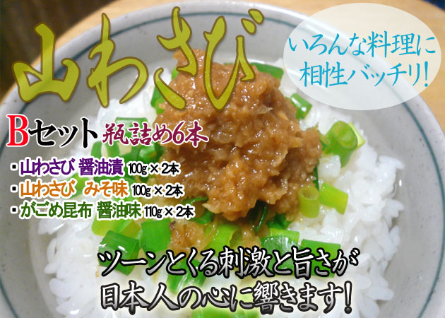 北海道特選 山わさびBセット 瓶詰6本(醤油漬、みそ味、がごめ昆布 各2本)!